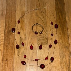 Red and Gold Jewelry Set - Long Necklace, Bracelet, and Earrings